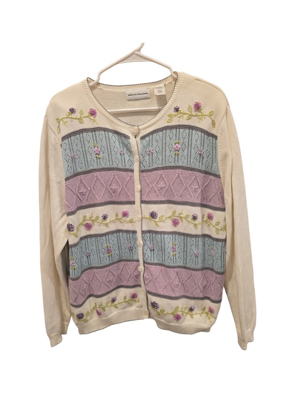 Vtg Alfred Dunner Eyelet Floral Embroidered Beaded Cardigan XL Grannycore